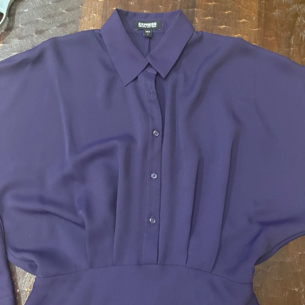 Express Collared Half Button Up Mini Portofino Shirt Dress in Deep Purple